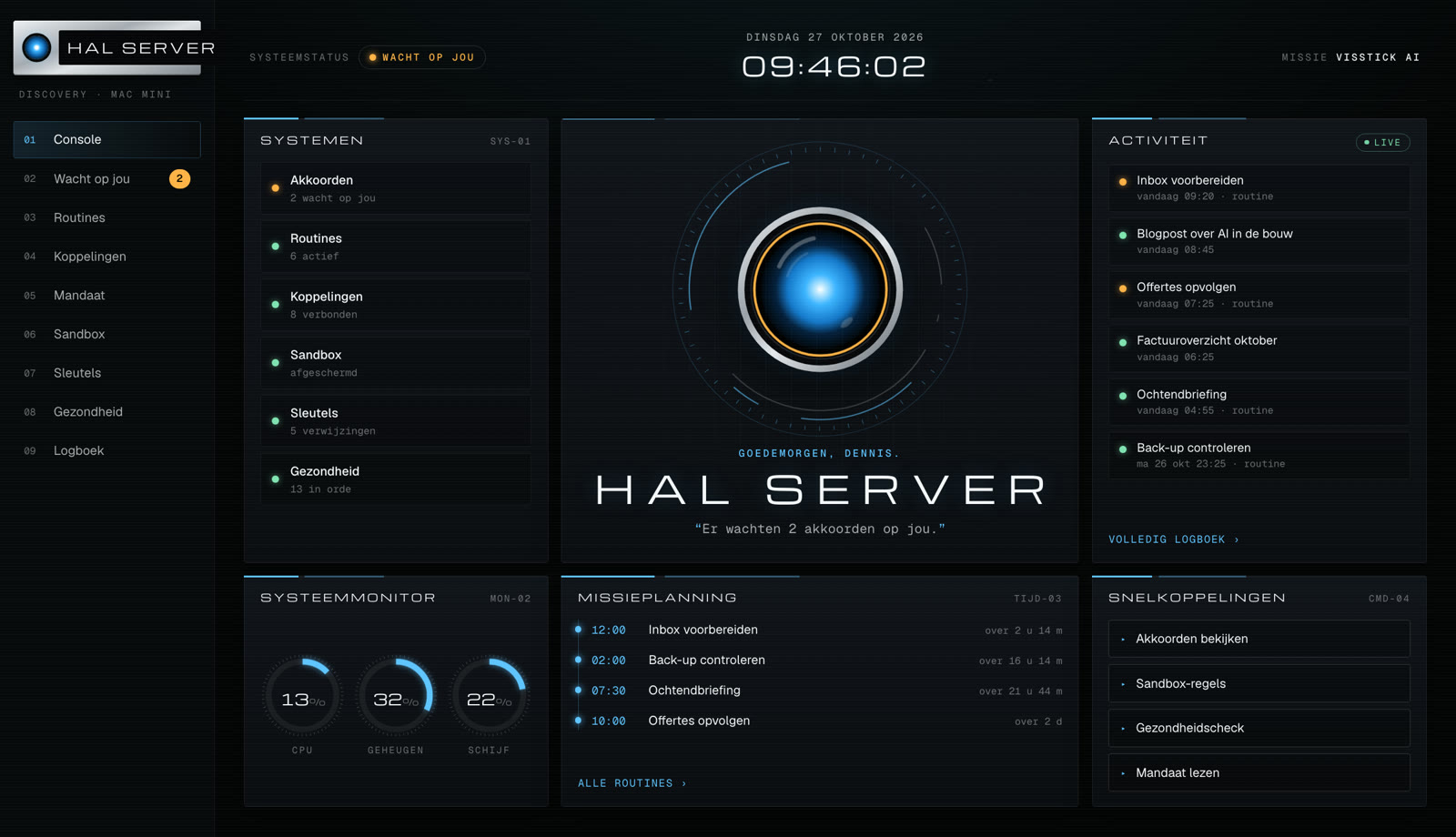 De HAL Server-console met systemen, activiteit, systeemmonitor en missieplanning rond het oog