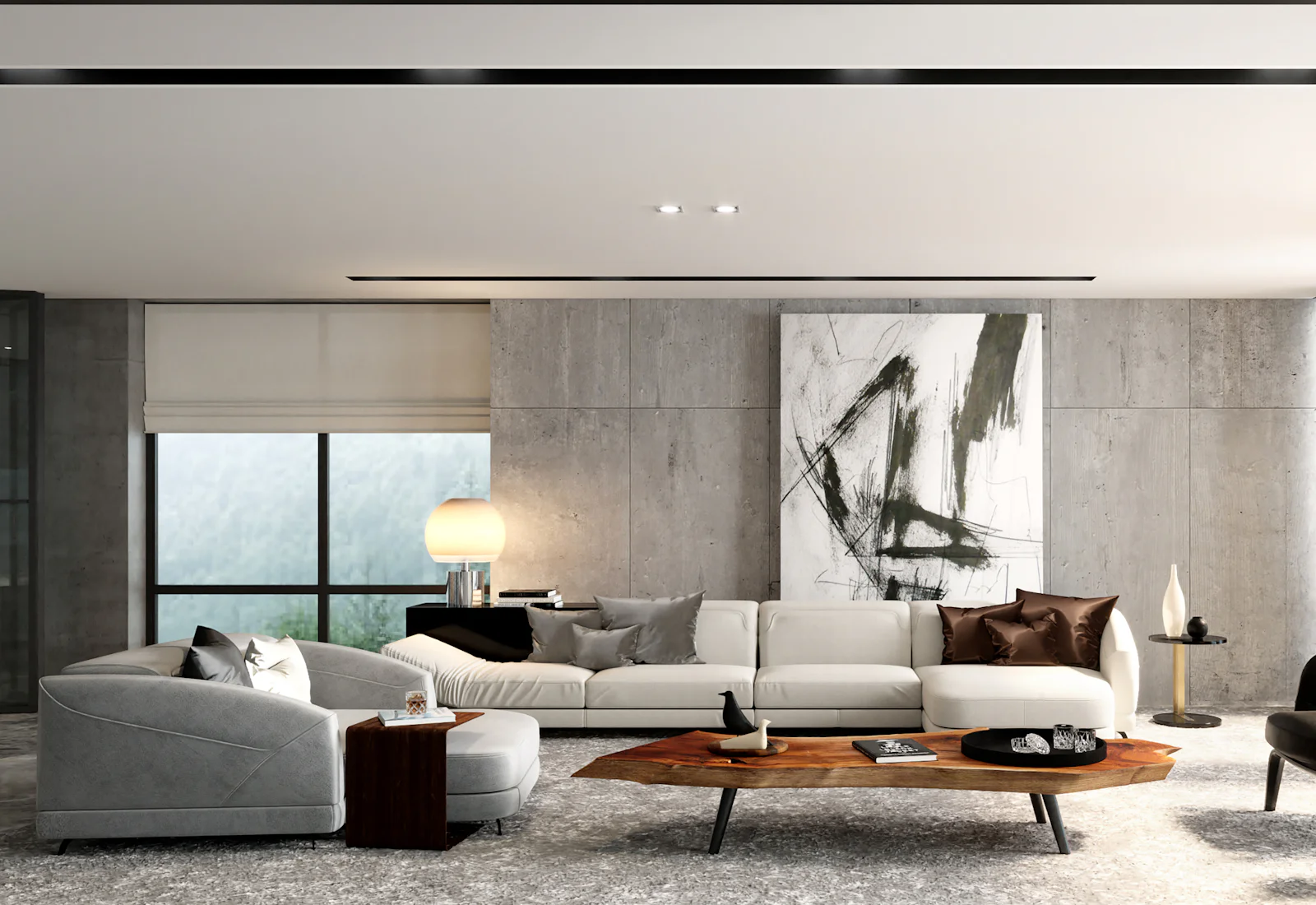 Woonkamer met een bank en fauteuil uit een meubelcollectie
